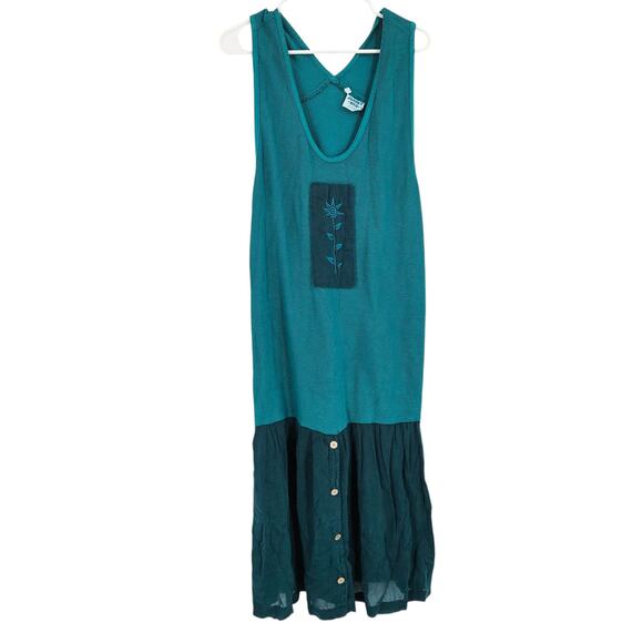 Johnny Was Maxi Dress Green Lagenlook Art to Wear Rare Y2k Drop Waist Size L - Picture 2 of 8